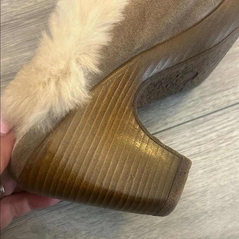 Women's Tan Suede Ankle Clogs Mule Boots with Real Fox Fur Trim
